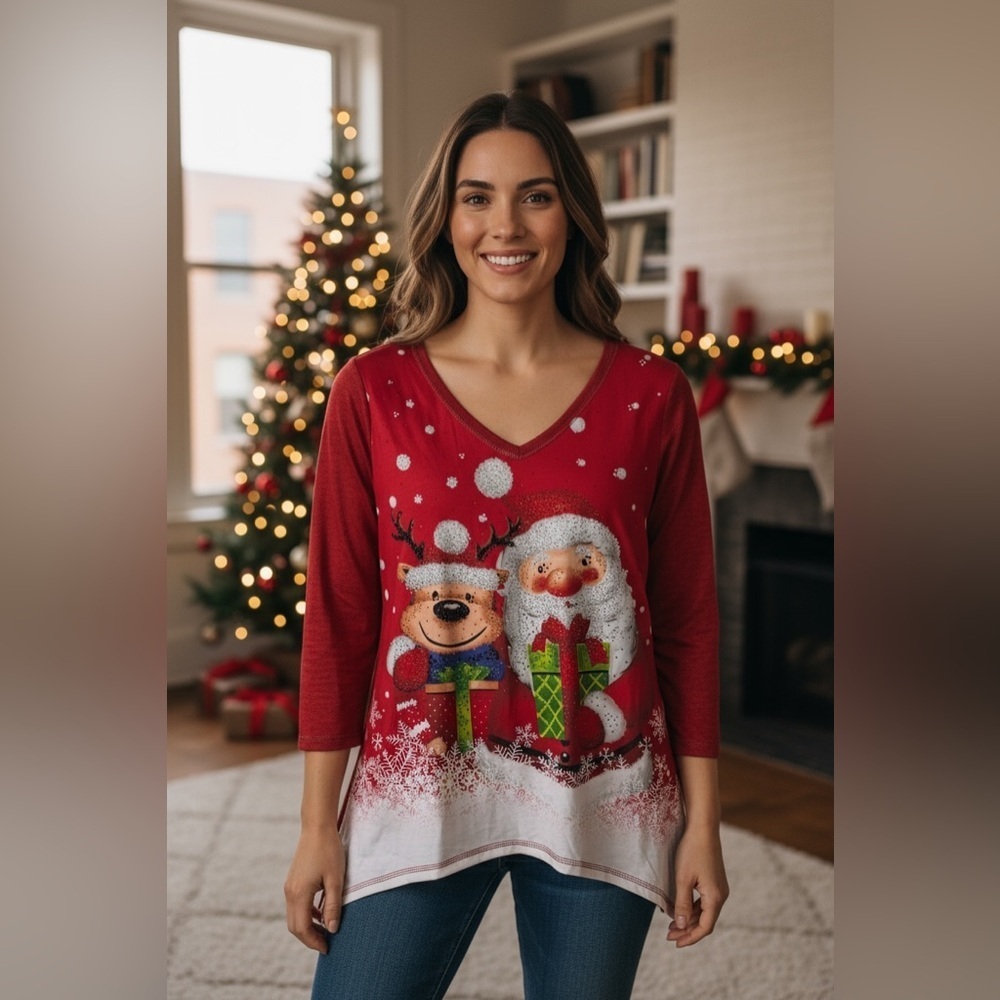 Onque Casual Santa and Reindeer Christmas Top w/ Sparkling Embellishments